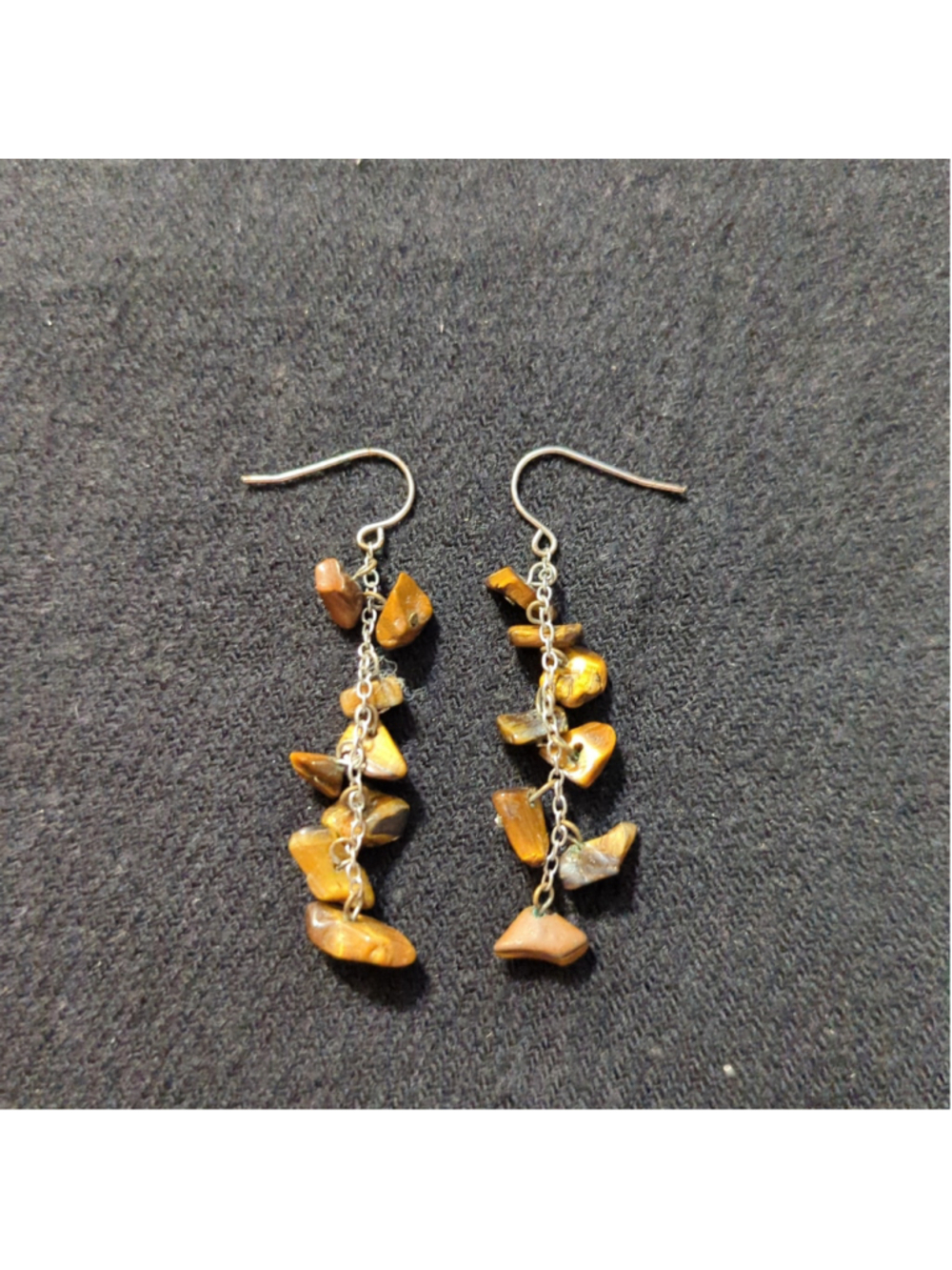 Silver Tone Brown Tiger Eye Gemstone Chip Dangle Statement Earrings